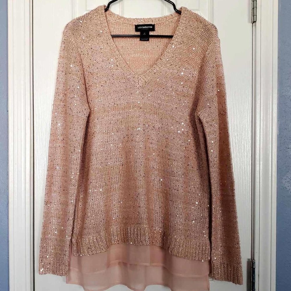 Women's L Liz Claiborne Career Rose Sequined Sweater Chiffon Style Trim
